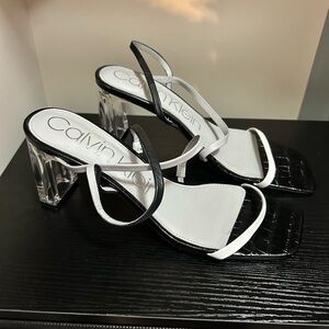 Calvin Klein Black & White Strappy Sandals with Clear Block Heel